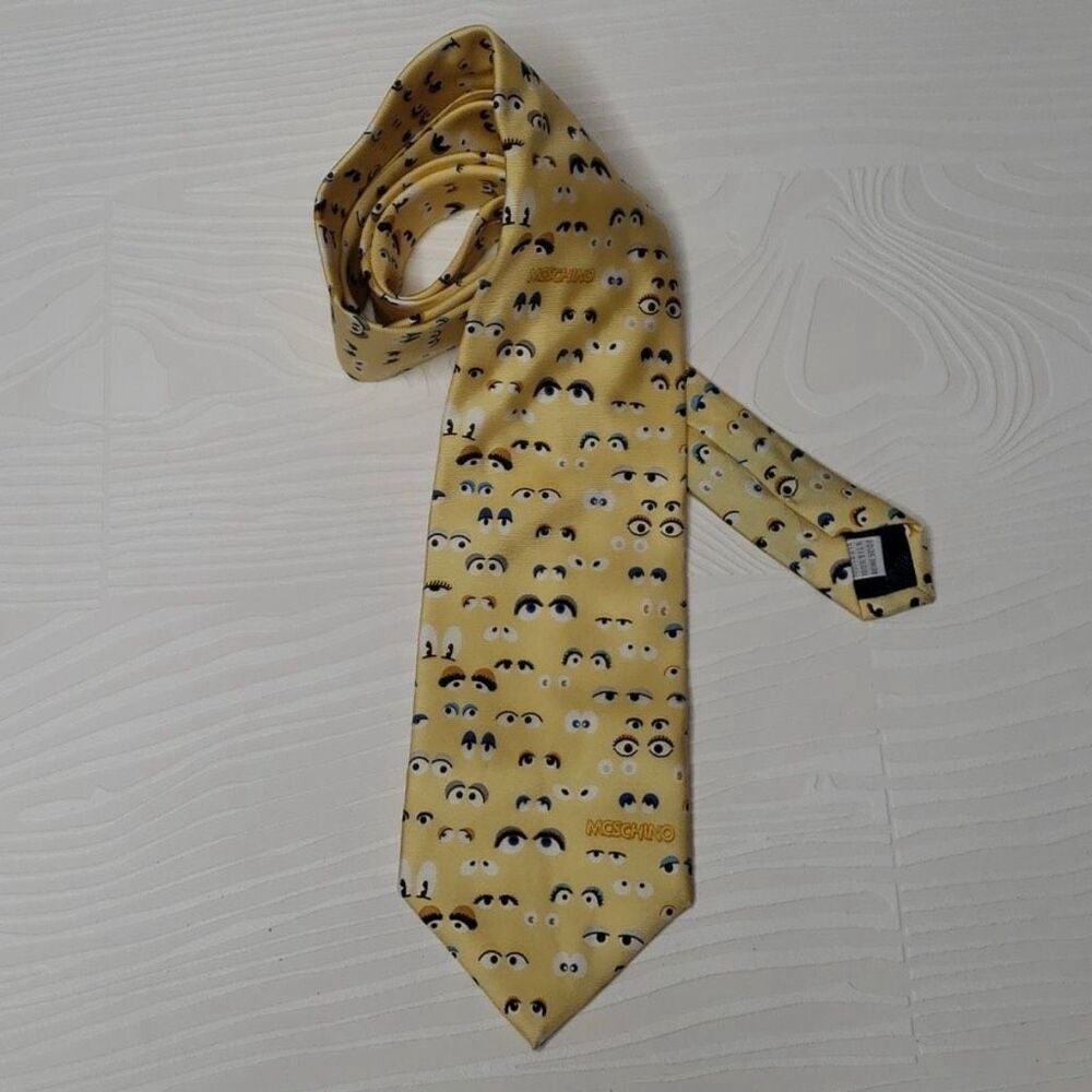 Moschino Men's 100% Silk Yellow Eyes Print Neck Tie